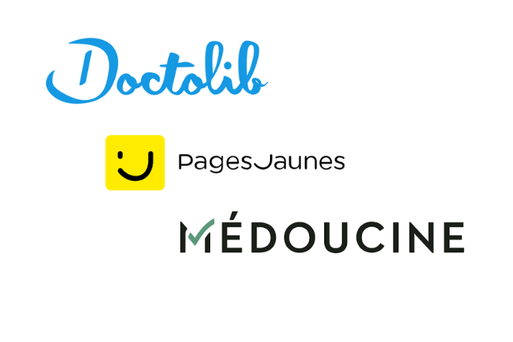 Logos des plateformes Doctolib, Pages jaunes et Medoucine